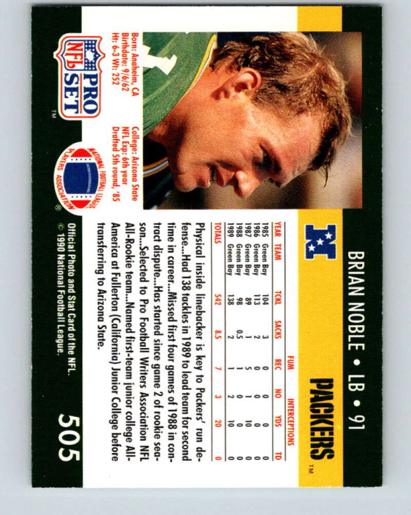 1990 Pro Set #505 Brian Noble Mint Green Bay Packers