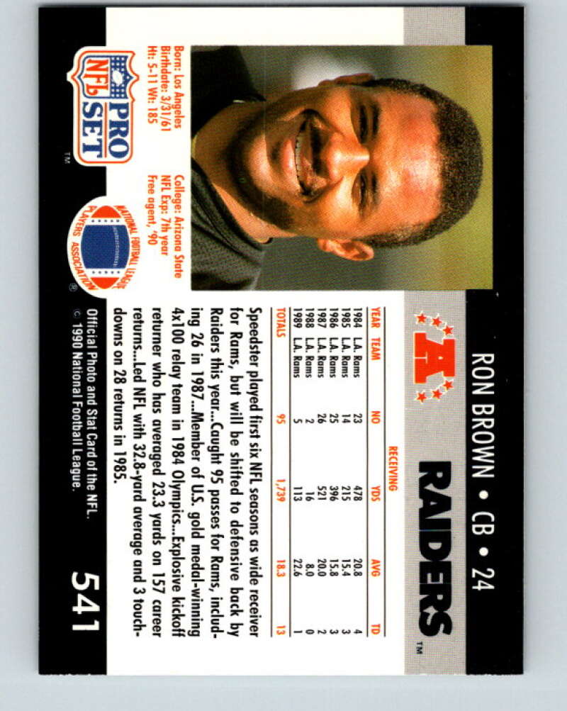 1990 Pro Set #541 Ron Brown Mint Los Angeles Raiders  Image 2