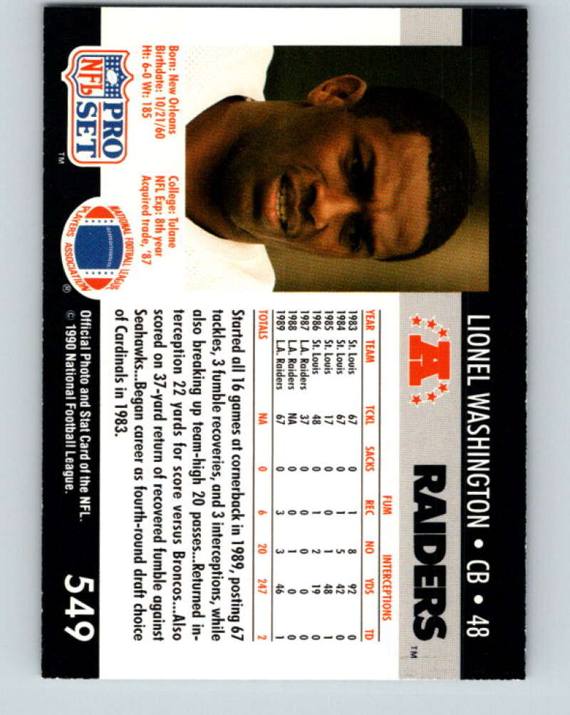 1990 Pro Set #549 Lionel Washington Mint Los Angeles Raiders  Image 2