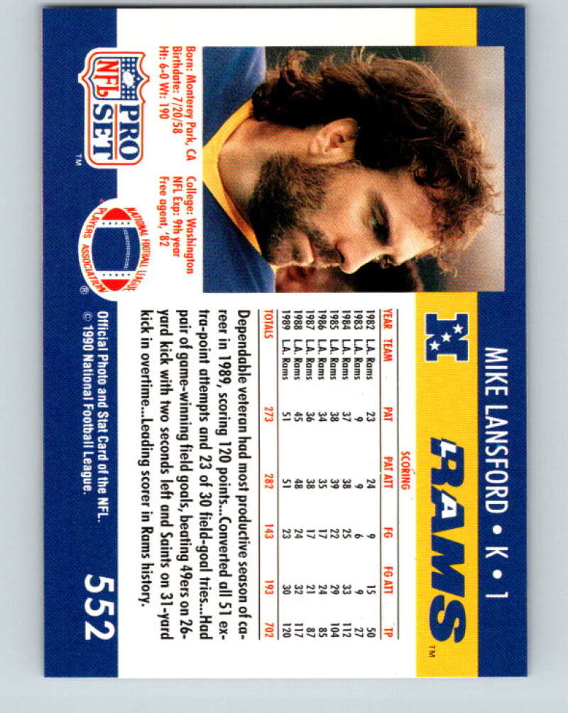 1990 Pro Set #552 Mike Lansford Mint Los Angeles Rams