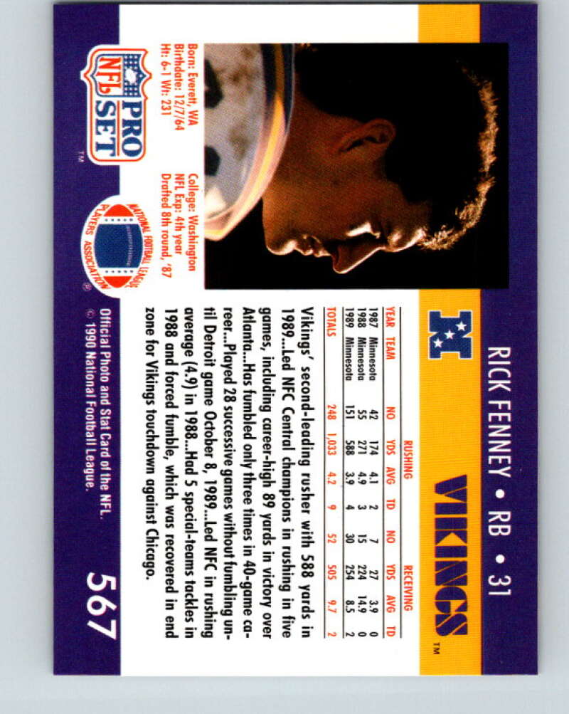 1990 Pro Set #567 Rick Fenney Mint Minnesota Vikings  Image 2
