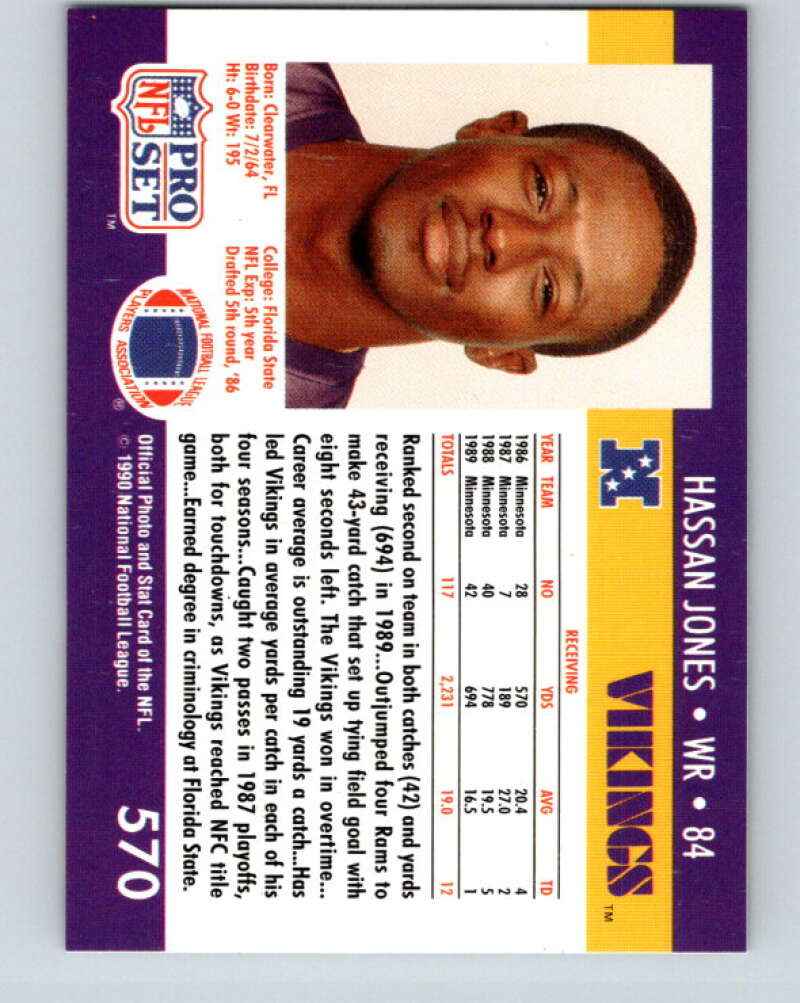 1990 Pro Set #570 Hassan Jones Mint Minnesota Vikings  Image 2