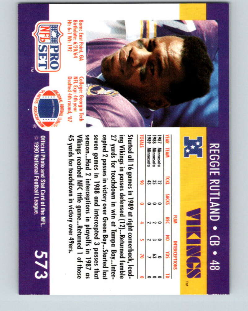 1990 Pro Set #573 Reggie Rutland Mint RC Rookie Minnesota Vikings  Image 2