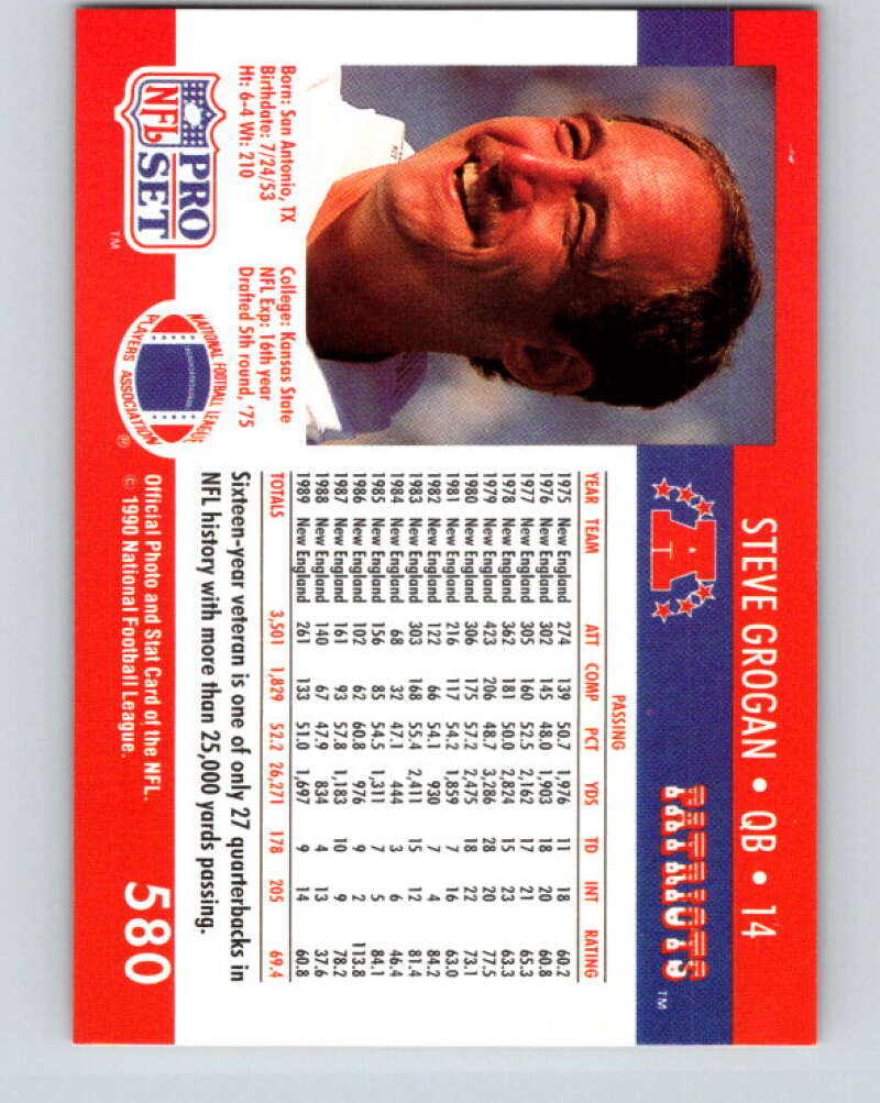 1990 Pro Set #580 Steve Grogan Mint New England Patriots