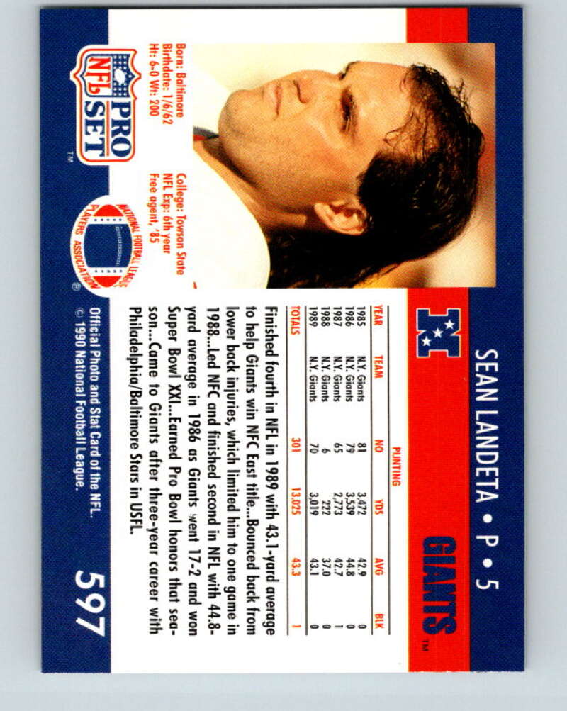 1990 Pro Set #597 Sean Landeta Mint New York Giants  Image 2