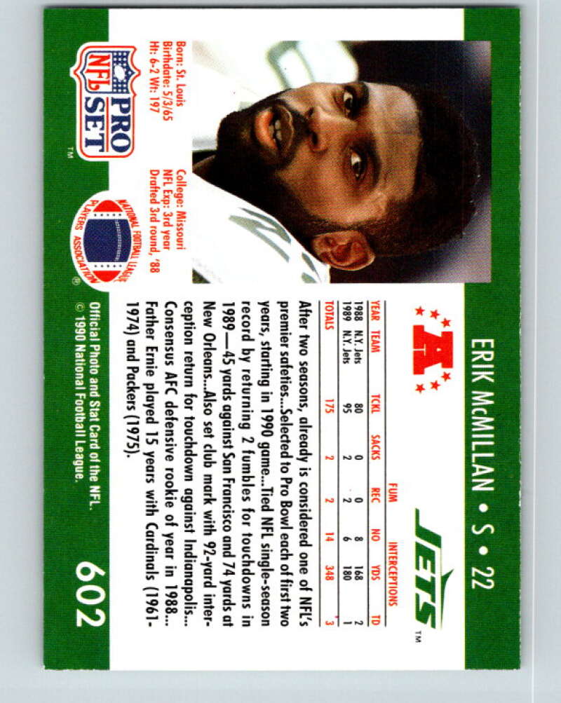 1990 Pro Set #602 Erik McMillan Mint New York Jets  Image 2