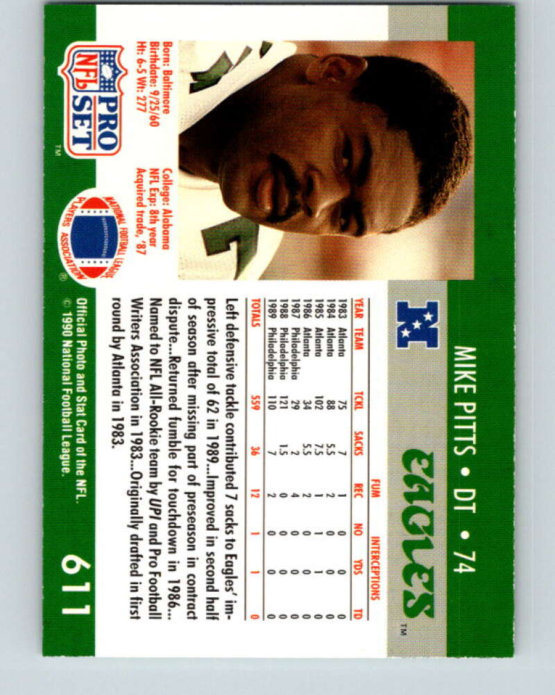 1990 Pro Set #611 Mike Pitts Mint Philadelphia Eagles  Image 2
