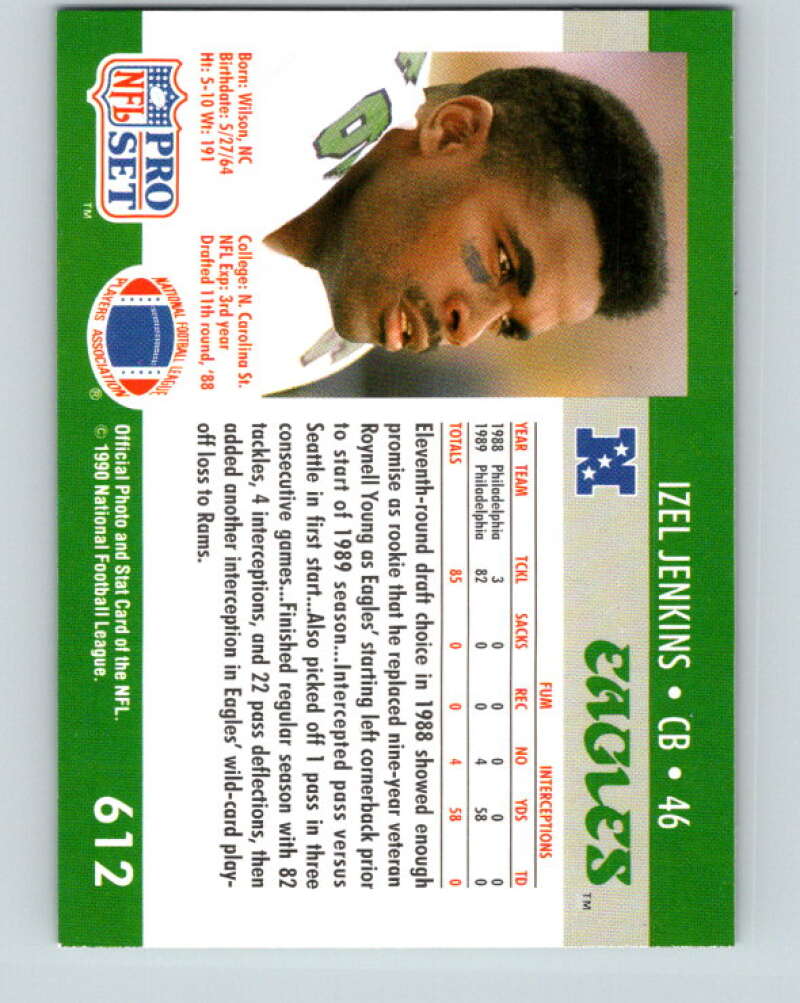 1990 Pro Set #612 Izel Jenkins Mint RC Rookie Philadelphia Eagles  Image 2