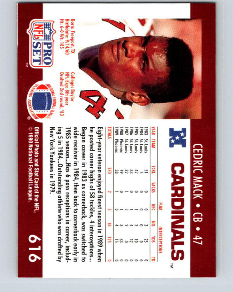 1990 Pro Set #616 Cedric Mack Mint Phoenix Cardinals  Image 2