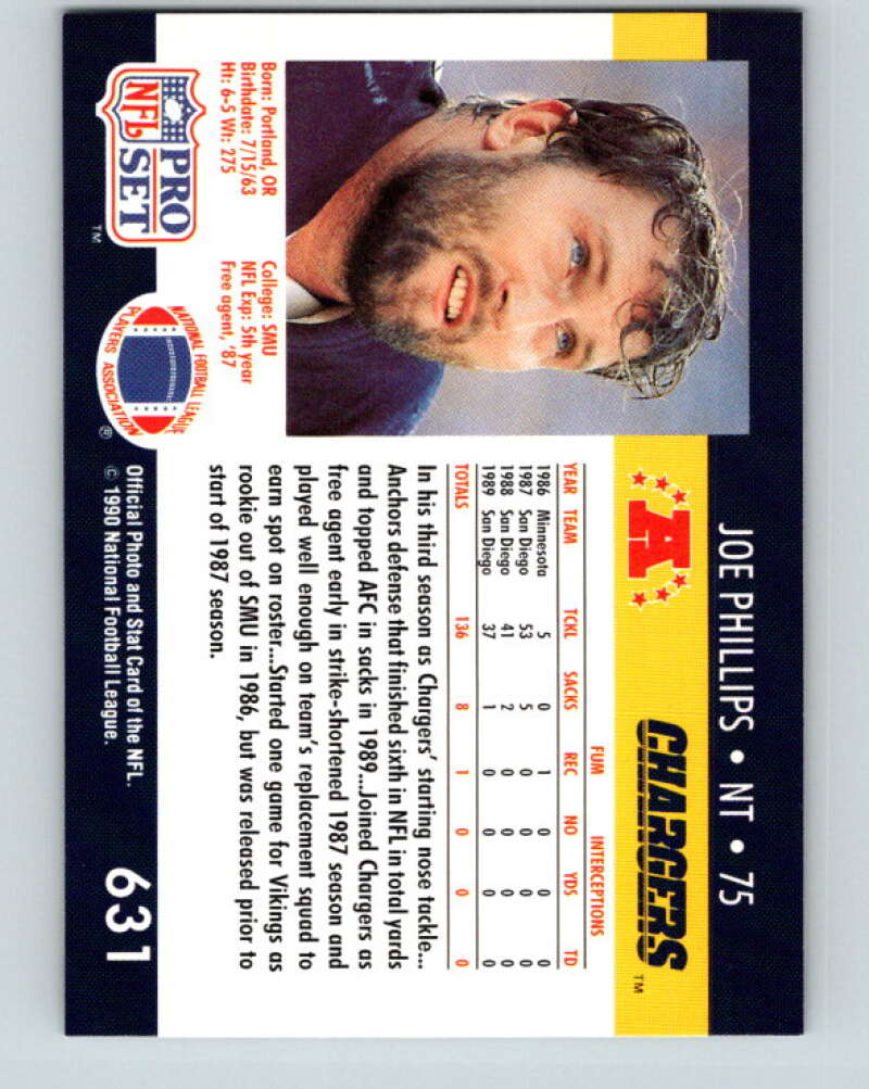 1990 Pro Set #631 Joe Phillips Mint RC Rookie San Diego Chargers  Image 2