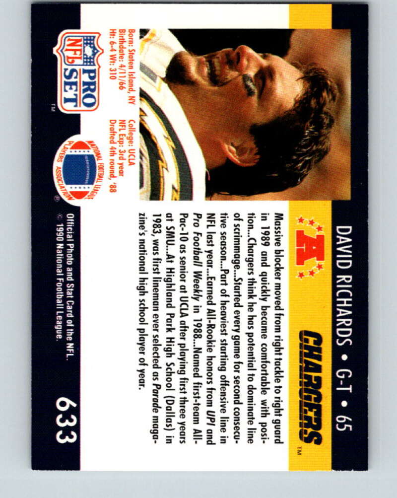 1990 Pro Set #633 David Richards Mint RC Rookie San Diego Chargers  Image 2