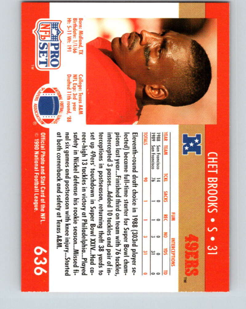 1990 Pro Set #636 Chet Brooks Mint RC Rookie San Francisco 49ers  Image 2