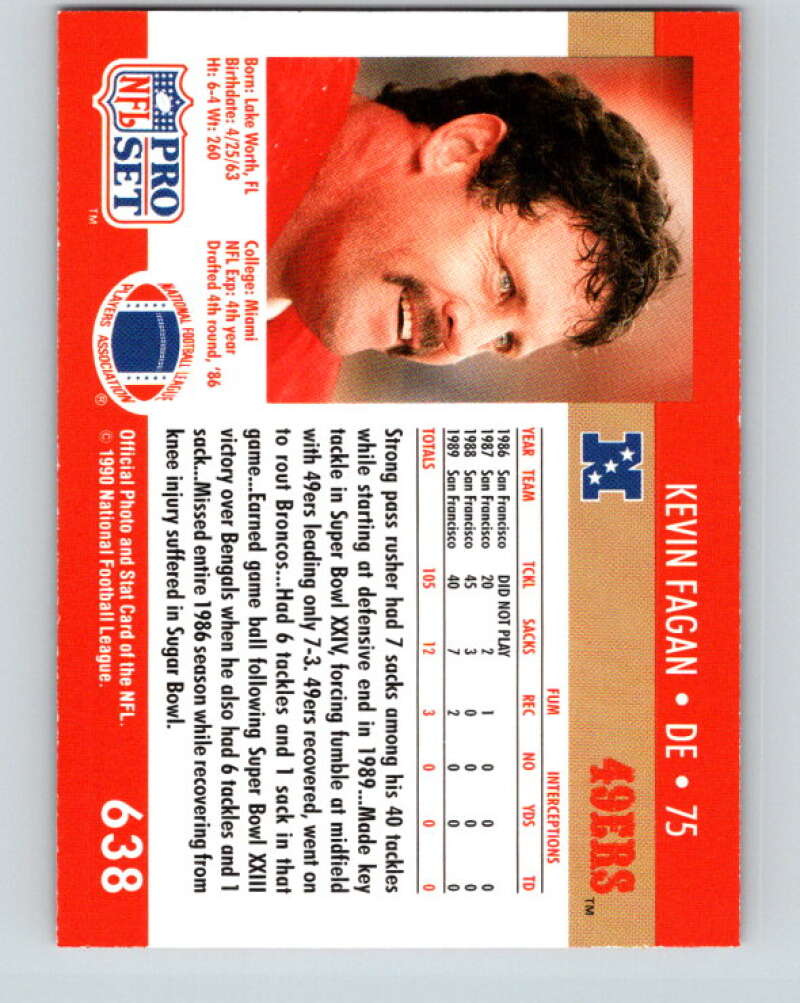 1990 Pro Set #638 Kevin Fagan Mint RC Rookie San Francisco 49ers  Image 2