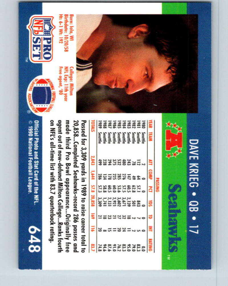 1990 Pro Set #648 Dave Krieg Mint Seattle Seahawks