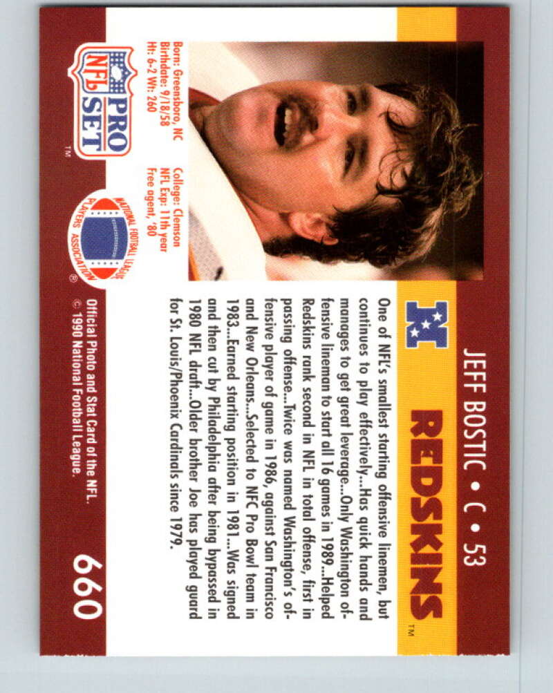1990 Pro Set #660 Jeff Bostic Mint Washington Redskins  Image 2
