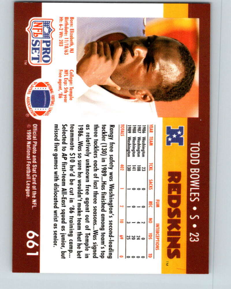 1990 Pro Set #661 Todd Bowles Mint RC Rookie Washington Redskins  Image 2