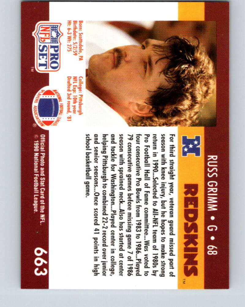 1990 Pro Set #663 Russ Grimm Mint Washington Redskins  Image 2