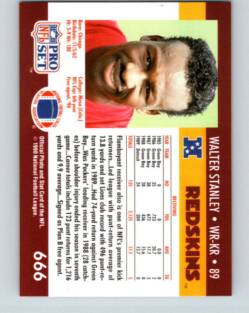 1990 Pro Set #666 Walter Stanley Mint Washington Redskins  Image 2