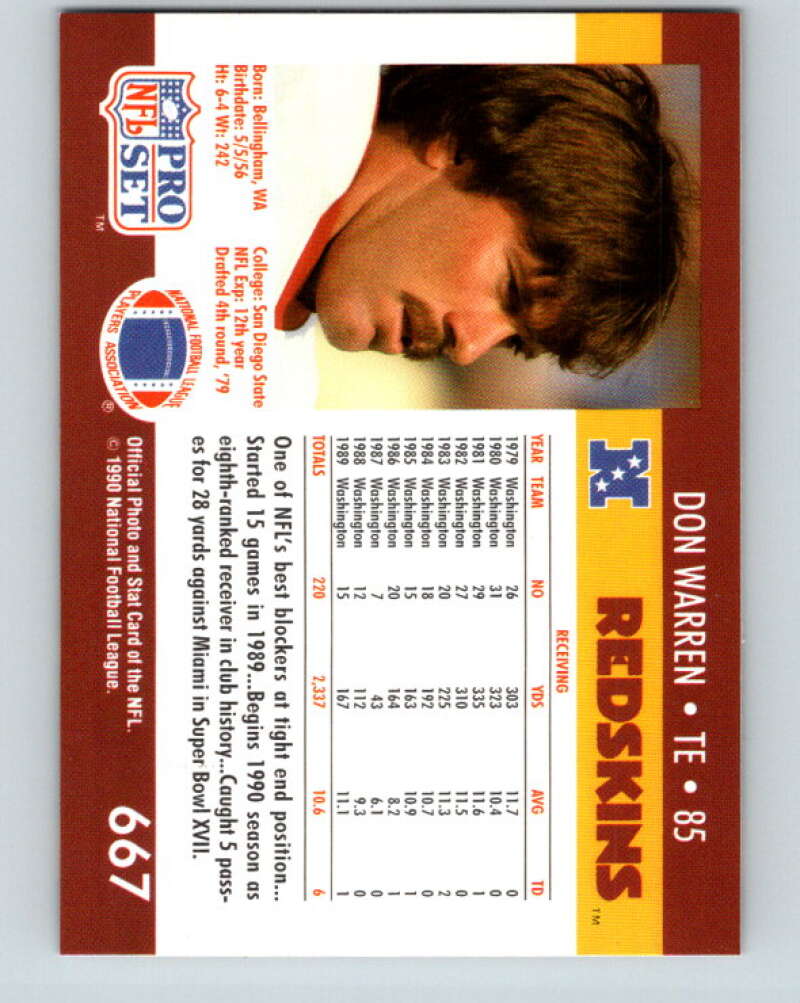 1990 Pro Set #667 Don Warren Mint Washington Redskins  Image 2