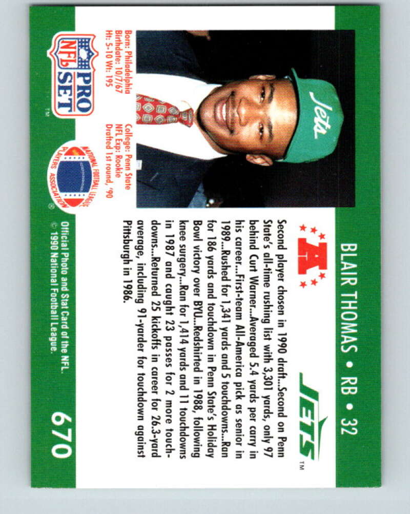 1990 Pro Set #670 Blair Thomas Mint RC Rookie New York Jets  Image 2