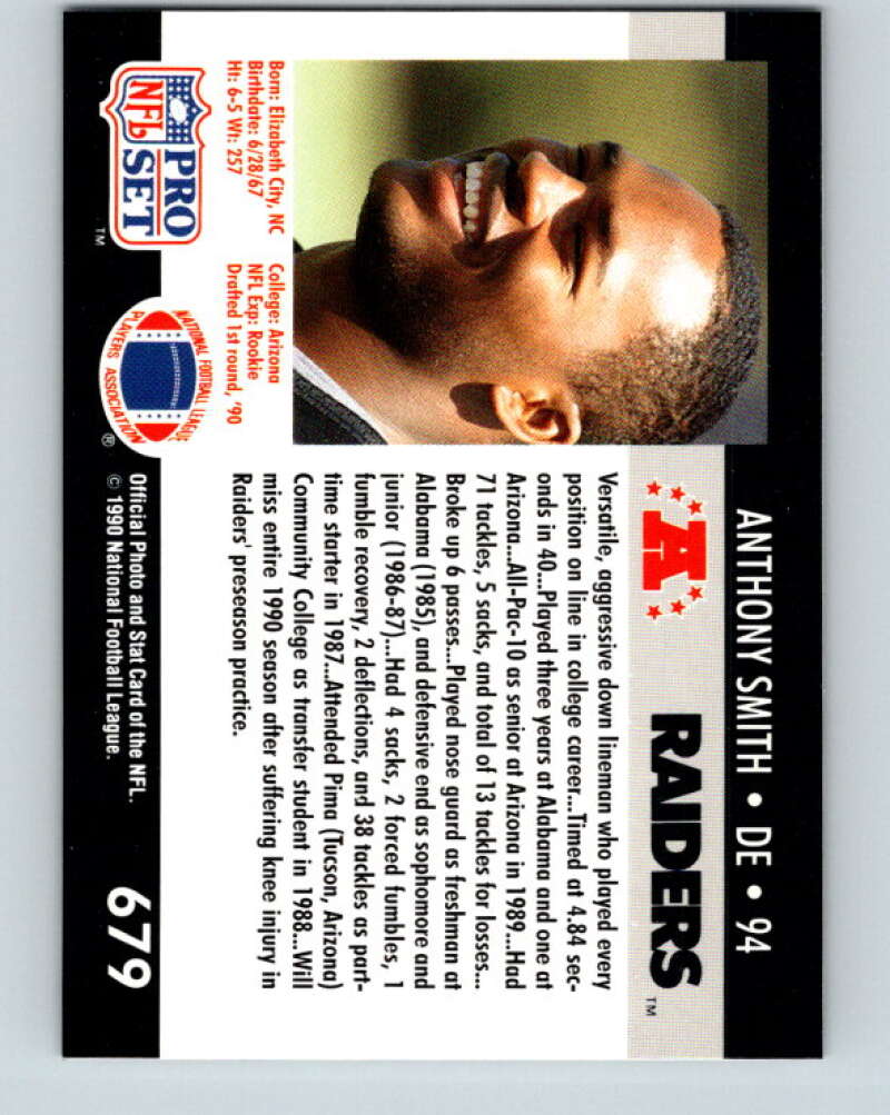 1990 Pro Set #679 Anthony Smith Mint RC Rookie Los Angeles Raiders  Image 2
