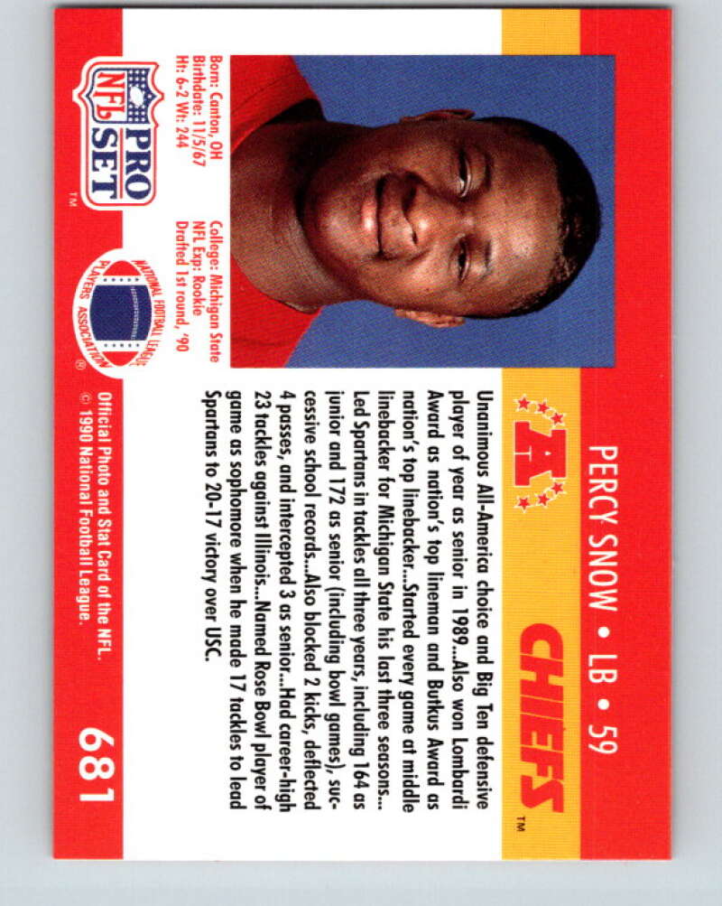 1990 Pro Set #681 Percy Snow Mint Kansas City Chiefs  Image 2