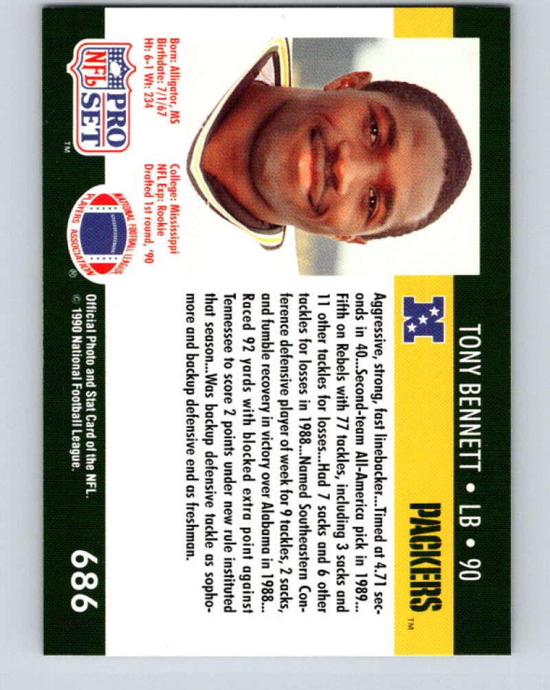 1990 Pro Set #686 Tony Bennett Mint RC Rookie Green Bay Packers  Image 2