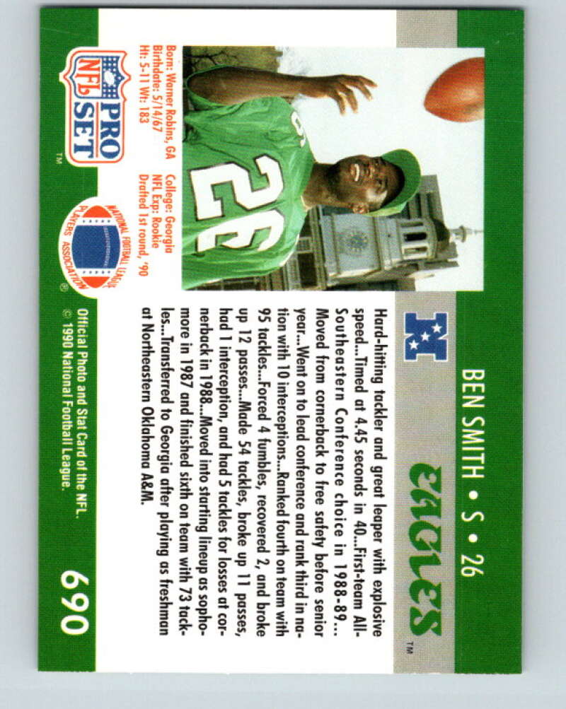 1990 Pro Set #690 Ben Smith Mint RC Rookie Philadelphia Eagles  Image 2