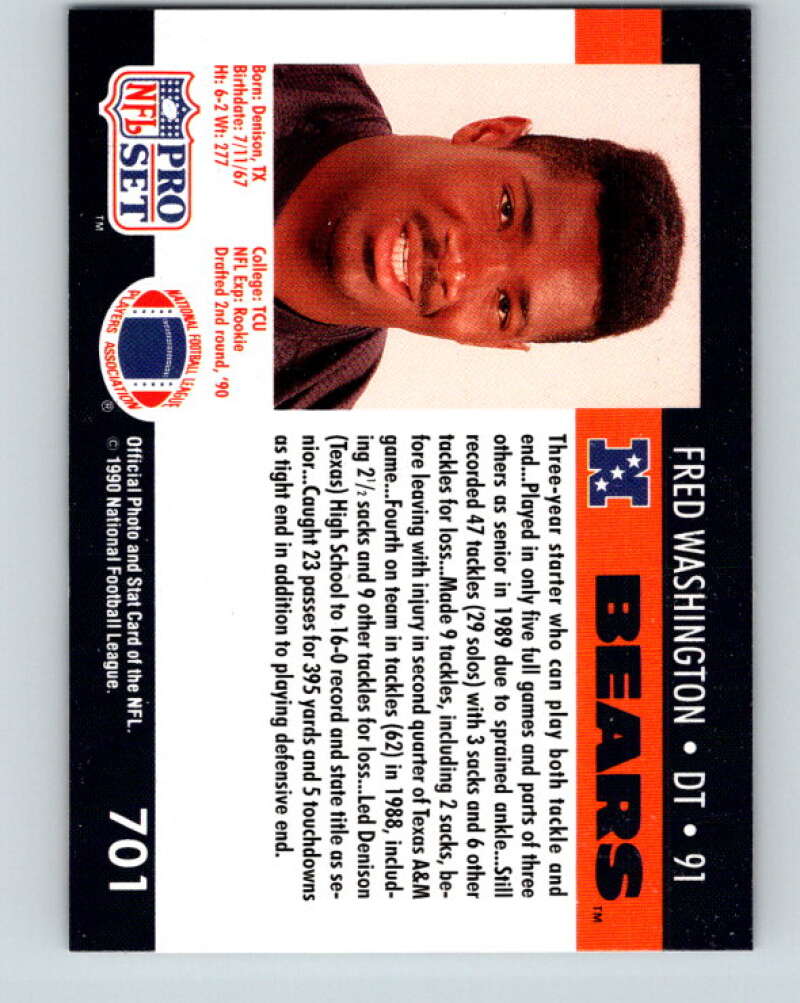 1991 Pro Set #701 Fred Washington Mint Chicago Bears Image 2