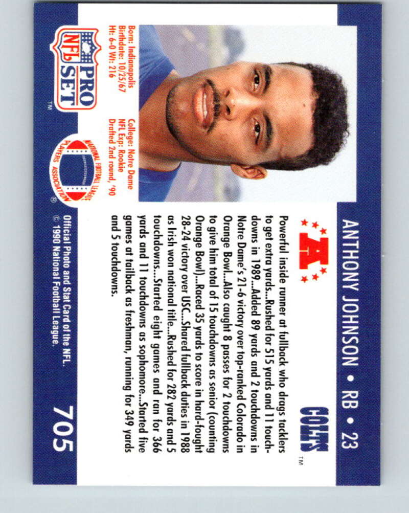 1990 Pro Set #705 Anthony Johnson Mint RC Rookie Indianapolis Colts  Image 2