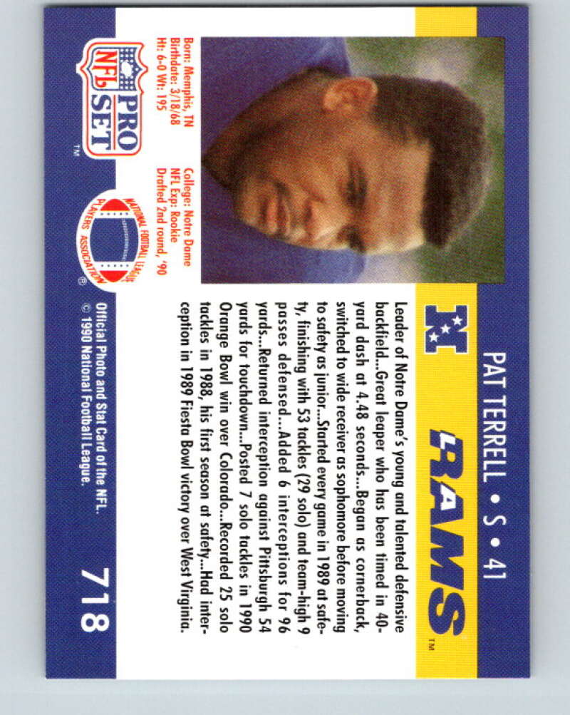 1990 Pro Set #718 Pat Terrell Mint RC Rookie Los Angeles Rams  Image 2