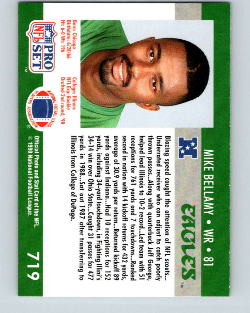 1990 Pro Set #719 Mike Bellamy Mint RC Rookie Philadelphia Eagles  Image 2