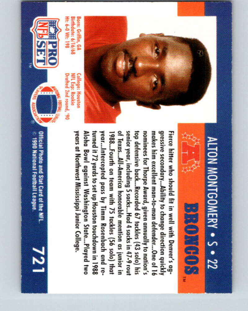 1990 Pro Set #721 Alton Montgomery Mint RC Rookie Denver Broncos  Image 2