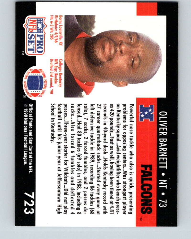 1990 Pro Set #723 Oliver Barnett Mint RC Rookie Atlanta Falcons