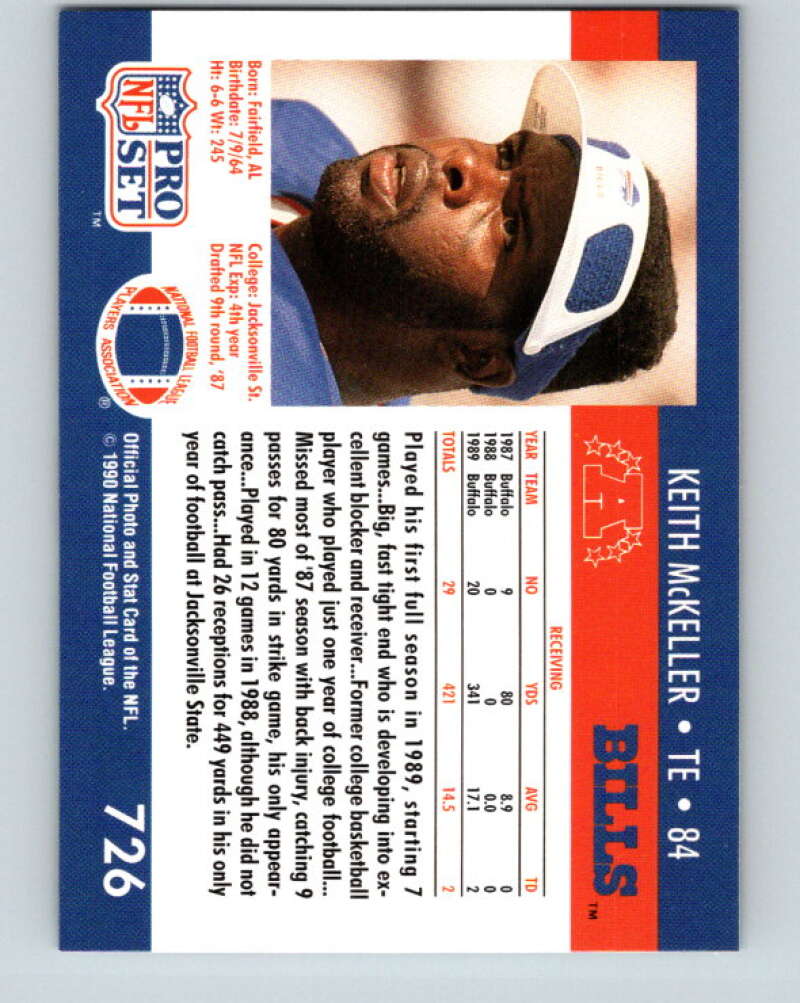 1990 Pro Set #726 Keith McKeller Mint RC Rookie Buffalo Bills  Image 2