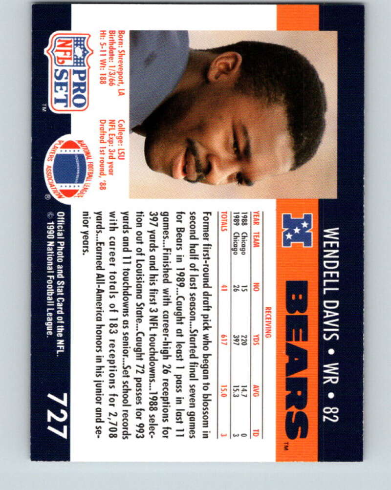 1990 Pro Set #727 Wendell Davis Mint RC Rookie Chicago Bears  Image 2