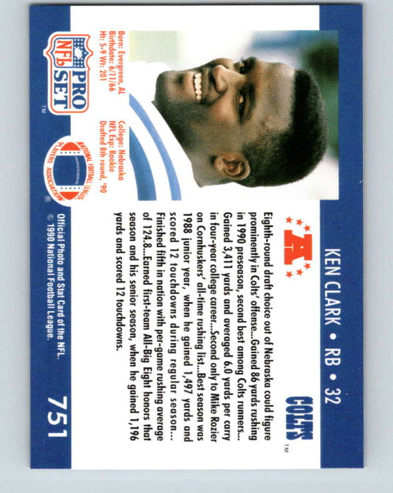 1990 Pro Set #751 Ken Clark Mint RC Rookie Indianapolis Colts  Image 2