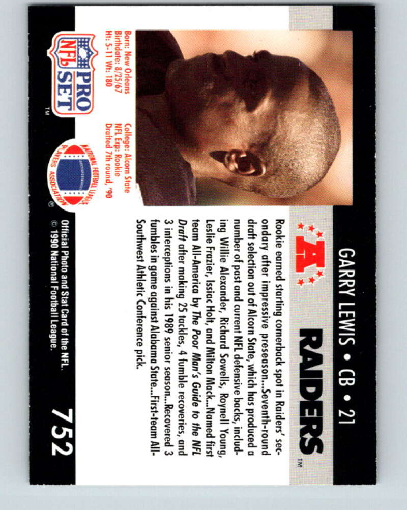 1990 Pro Set #752 Garry Lewis Mint RC Rookie Los Angeles Raiders  Image 2