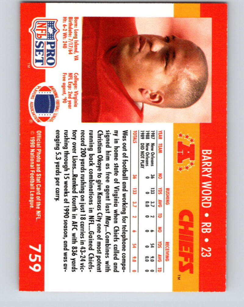 1990 Pro Set #759 Barry Word Mint RC Rookie Kansas City Chiefs
