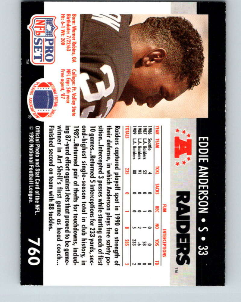 1990 Pro Set #760 Eddie Anderson Mint RC Rookie Los Angeles Raiders  Image 2