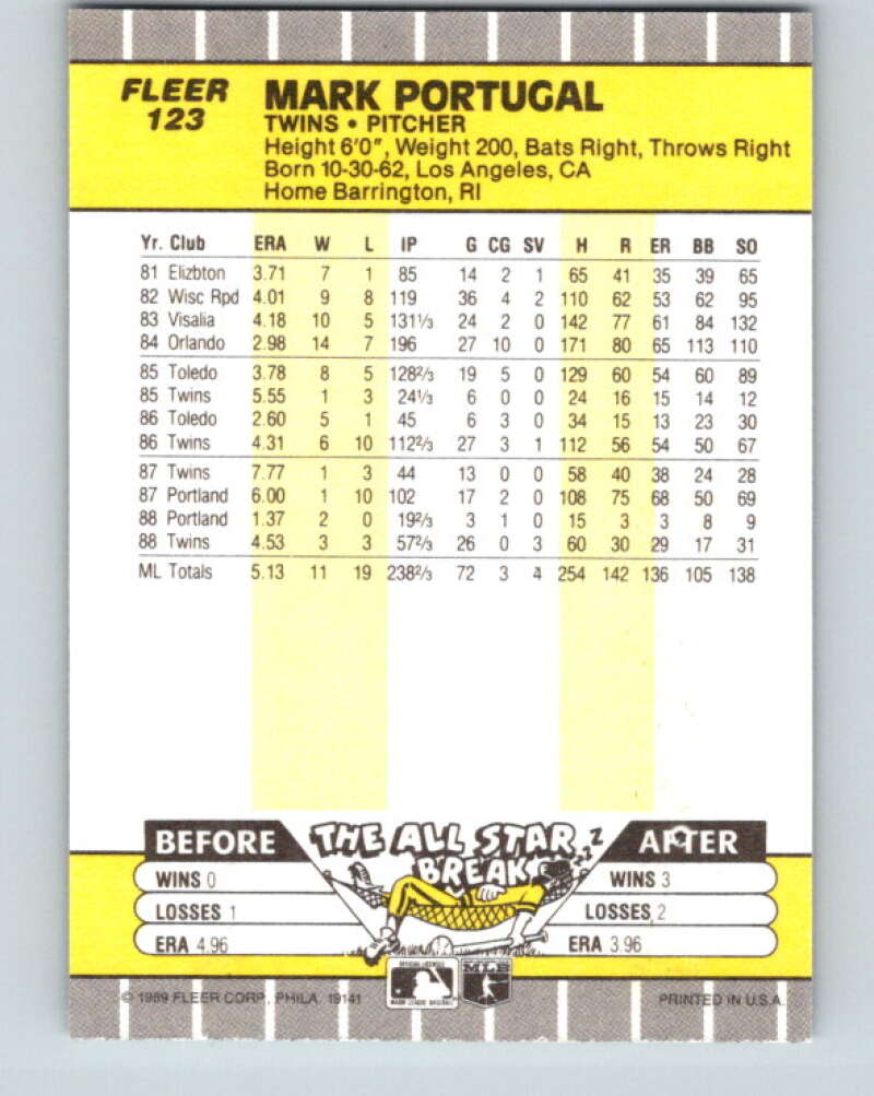 1989 Fleer #123 Mark Portugal Mint Minnesota Twins  Image 2