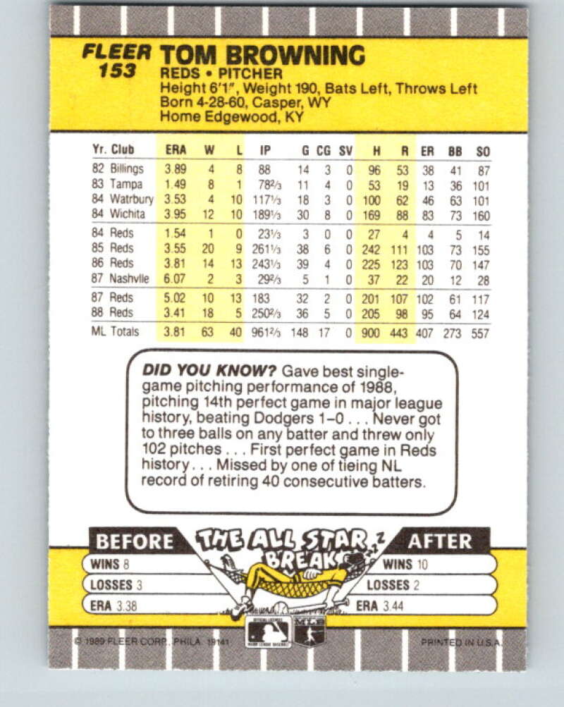 1989 Fleer #153 Tom Browning Mint Cincinnati Reds  Image 2