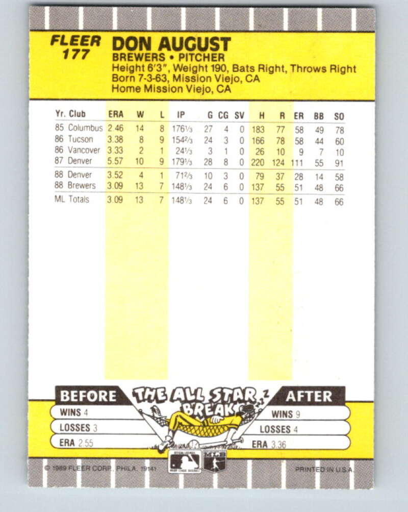 1989 Fleer #177 Don August Mint Milwaukee Brewers