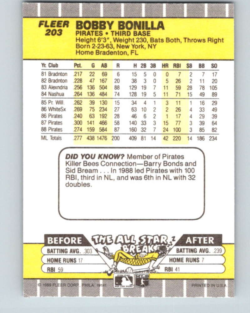 1989 Fleer #203 Bobby Bonilla Mint Pittsburgh Pirates