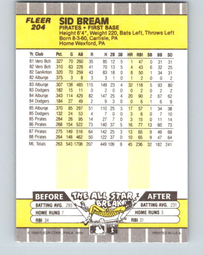 1989 Fleer #204 Sid Bream Mint Pittsburgh Pirates