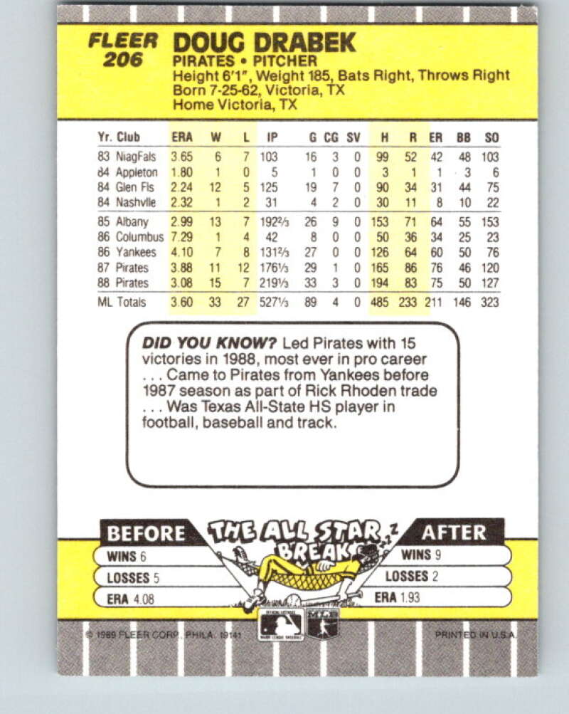 1989 Fleer #206 Doug Drabek Mint Pittsburgh Pirates