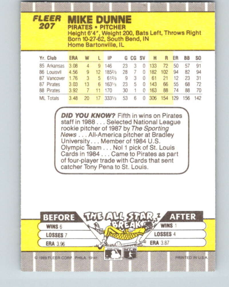 1989 Fleer #207 Mike Dunne Mint Pittsburgh Pirates