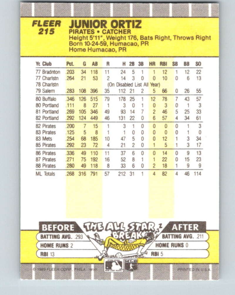 1989 Fleer #215 Junior Ortiz Mint Pittsburgh Pirates