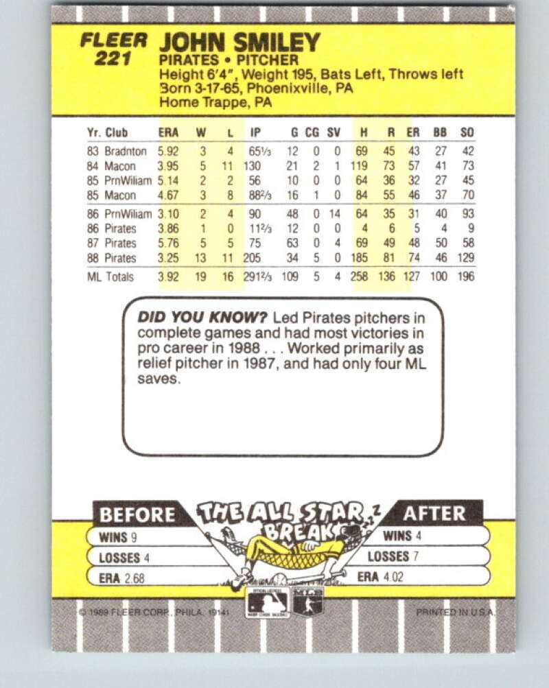 1989 Fleer #221 John Smiley Mint Pittsburgh Pirates