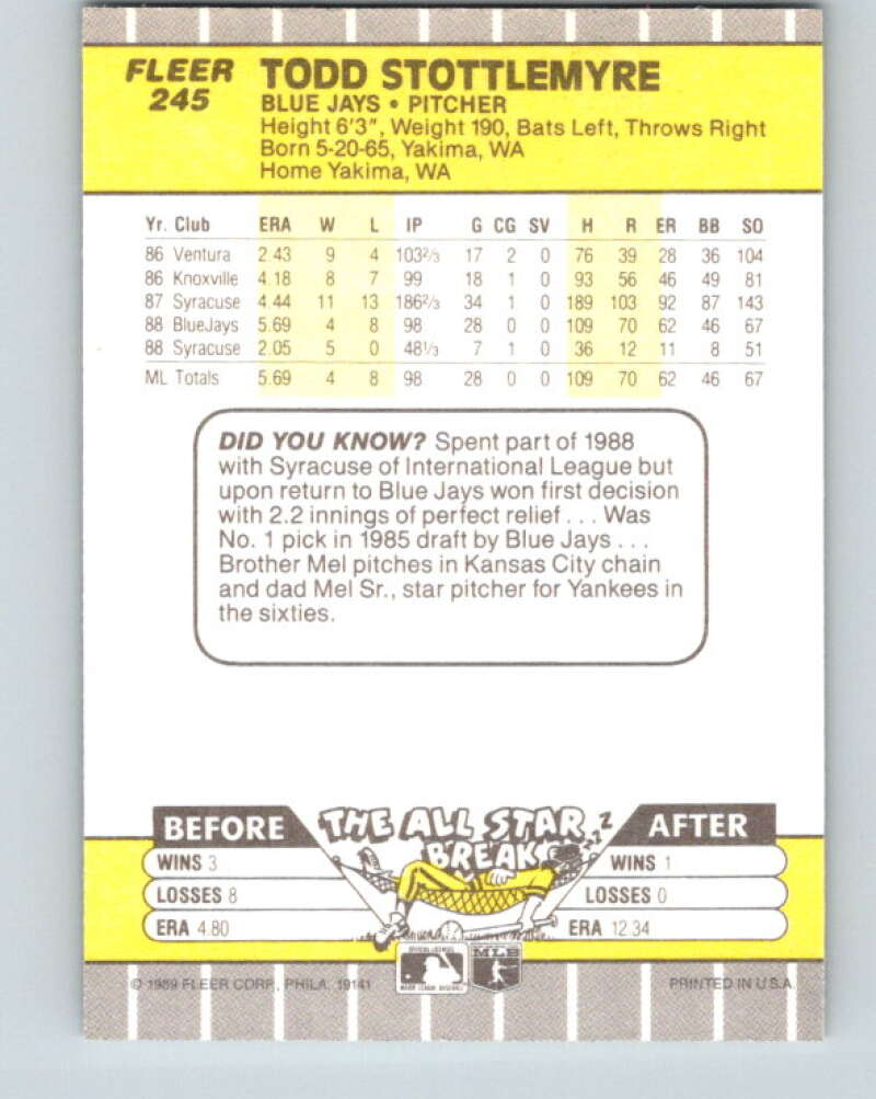 1989 Fleer #245 Todd Stottlemyre Mint Toronto Blue Jays